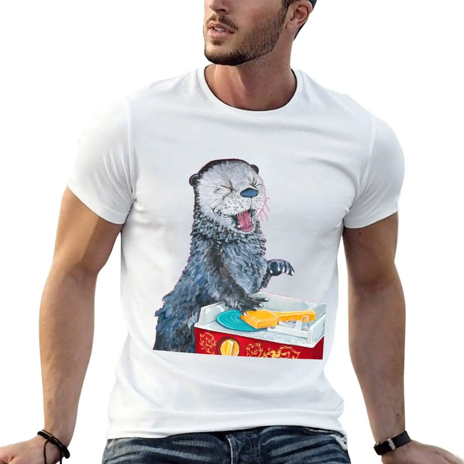 Rectangular ReDesign of Original Artwork Otter with Vintage Children's record Player toy with white background T-Shirt
