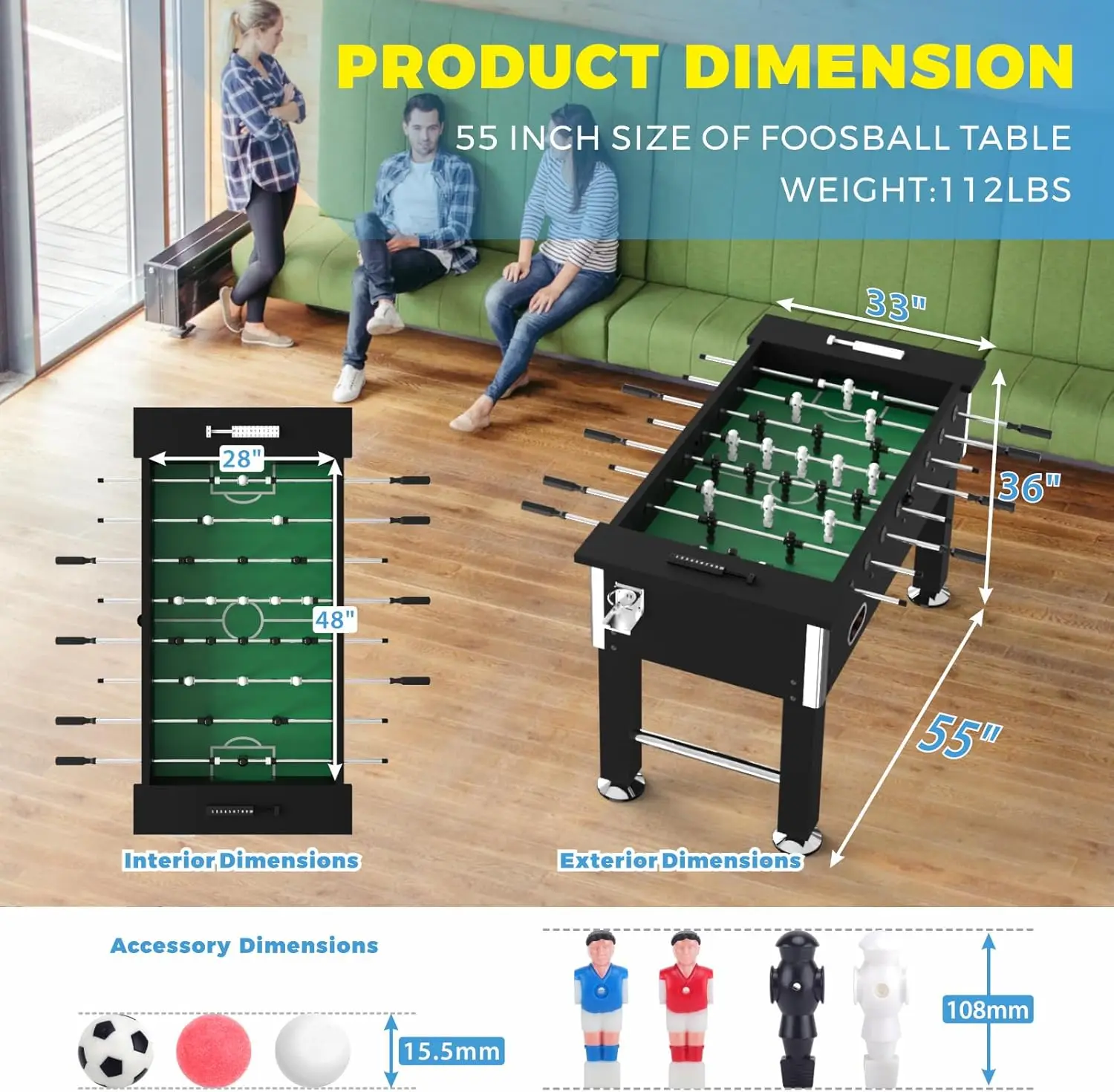 Foosball Table Professional 55'', Foosball Table Adult Size, Wood Sports Arcade Soccer Foosball Table Game, Adjustable Balance O