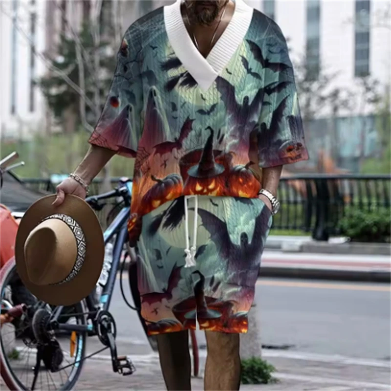 

2025 вязаный жаккардовый трансграничный повседневный комплект, летний свободный новый мужской комплект из двух предметов с короткими рукавами и шортами