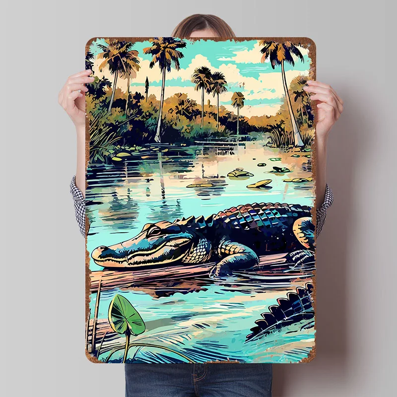 Alligator in Swamp Poster Customized Wall Art Vintage Metal Signs Retro Tin Plaque for Man Cave Living Room Decoration Home Deco