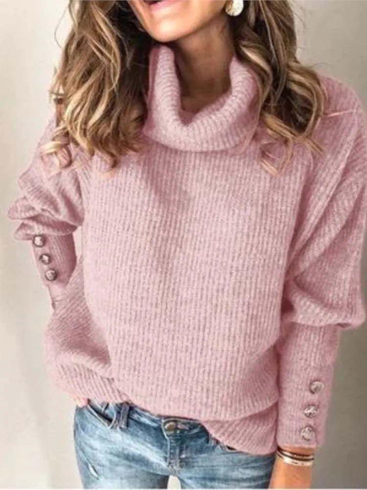 

Women Autumn Winter Knitted Sweaters Long Sleeve Turtleneck Button Decoration Sweater Tops Ladies Casual Pullovers