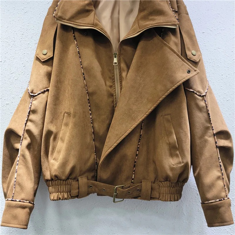 HKSH Spring Autumn New Women Jacket Turn-down Collar Zipper Pockets Elastic Hem Korean Tide Chic Streetwear Stylish Coat HK11975