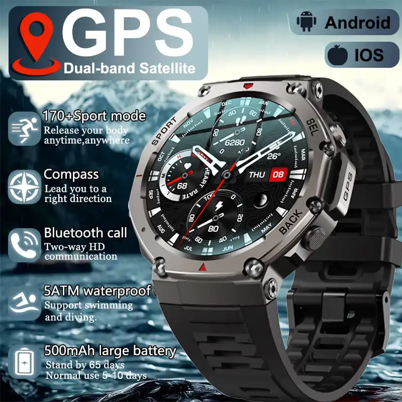 

2025 New Outdoor GPS Sport Smart Watch Men 5ATM Waterproof Compass 170+Sport Mode HD Bluetooth Call Fitness Smartwatches Women