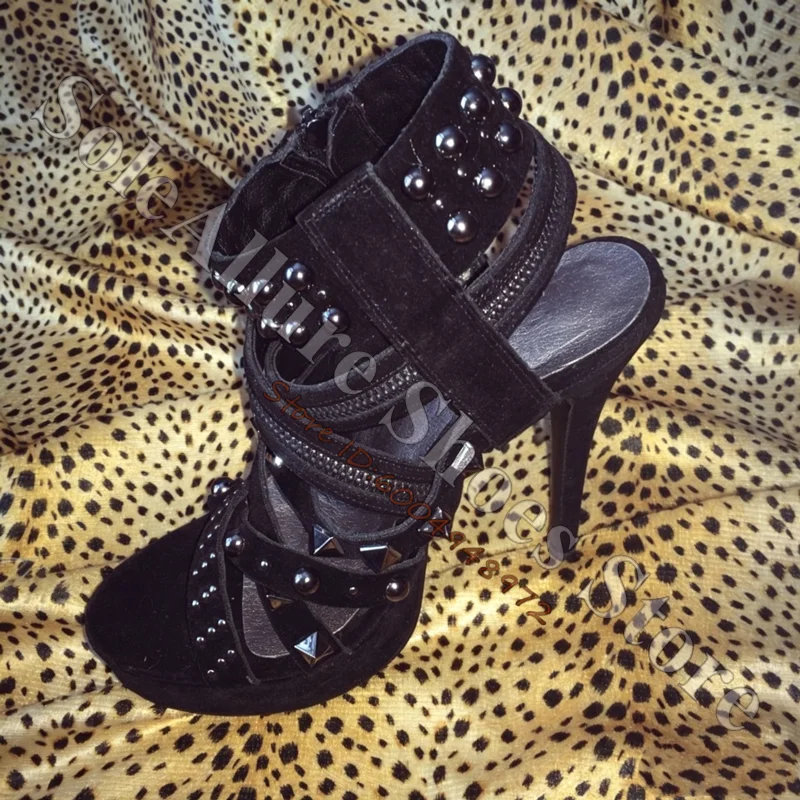 Punk Style Suede Multi Strap Stud Pearl Platform Stiletto Ankle Sandals Open Toe Back Zip Punk Rock Fashion Women Shoes