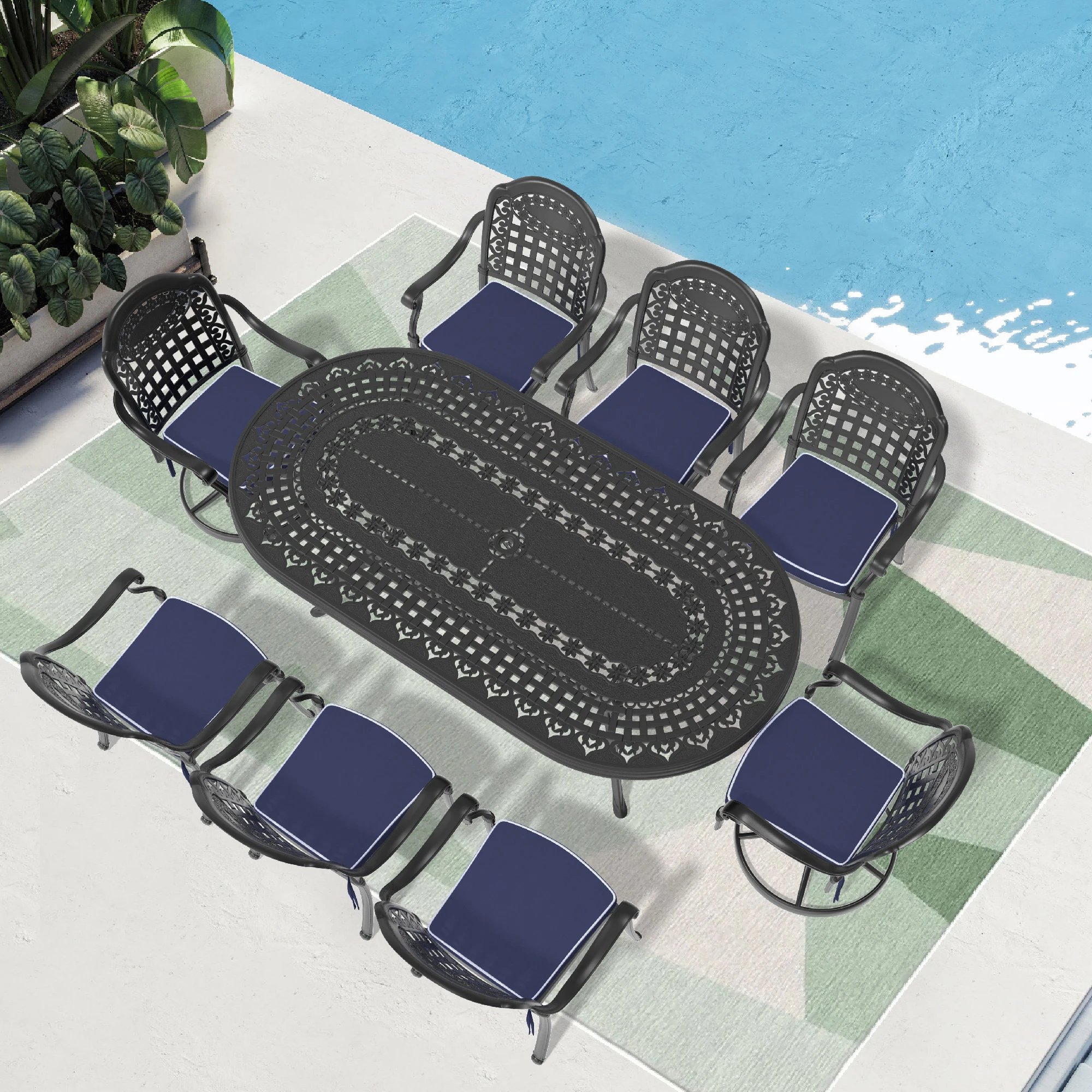 9-Piece All-Weather Cast Aluminum Dining Set, Include 2 Swivel Chairs,6 Dining Chairs and Oval Table With Black Frame