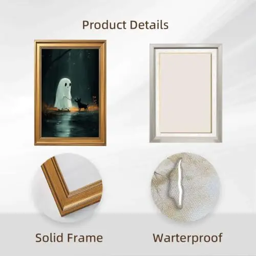 Framed Vintage Halloween Wall Art Cute Ghost Walking Black Dog Poster Canvas ing Moody Fall Aesthetic Spooky Autumn Decor