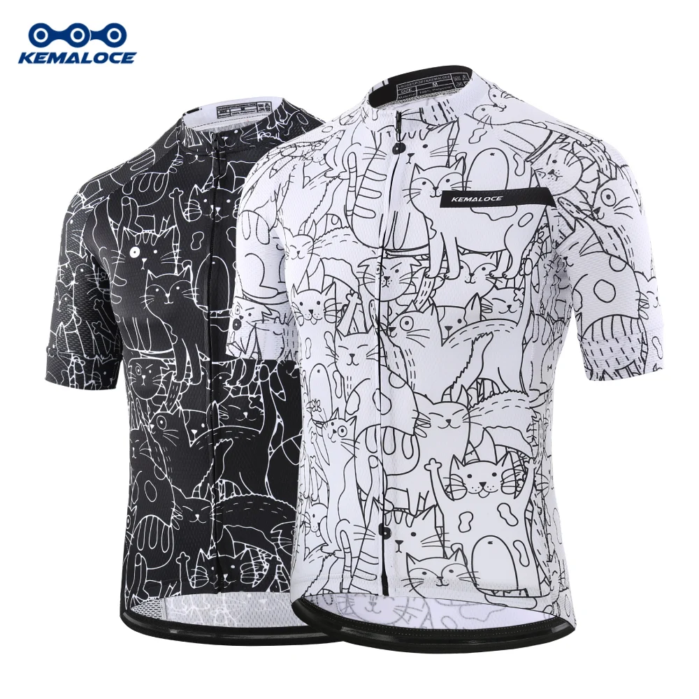 KEMALOCE Cycling Jersey Men&Women Summer Short Sleeeves Bike Clothing Road White&Black Cartoon Breathable 2024 Bicycle Shirts