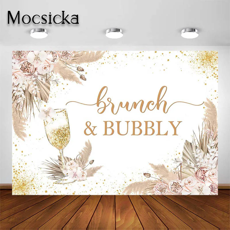 

Mocsicka Bridal Shower Party Backdrop Brunch and Bubbly Glitter Gold Goblet Photography Background Champagne Wedding Decorations