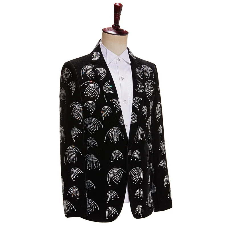 Men's Rhinestones Blazer Banquet Prom Wedding Suit Jacket One Button Slim Fit Tuxedo Bar Concert Singer Stage Coat Costume