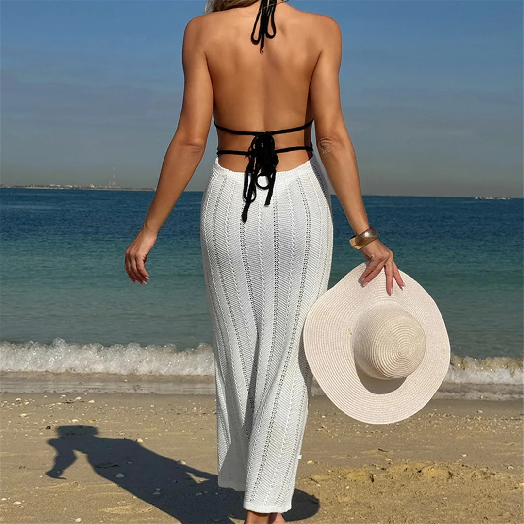 Tiefes V-Ausschnitt-Design, rückenfreies, gehäkeltes, gestricktes Tunika-Strandkleid, Strandmode, Damen-Strandkleid, Strandüberwurf, Damen V7219 – Detail 7