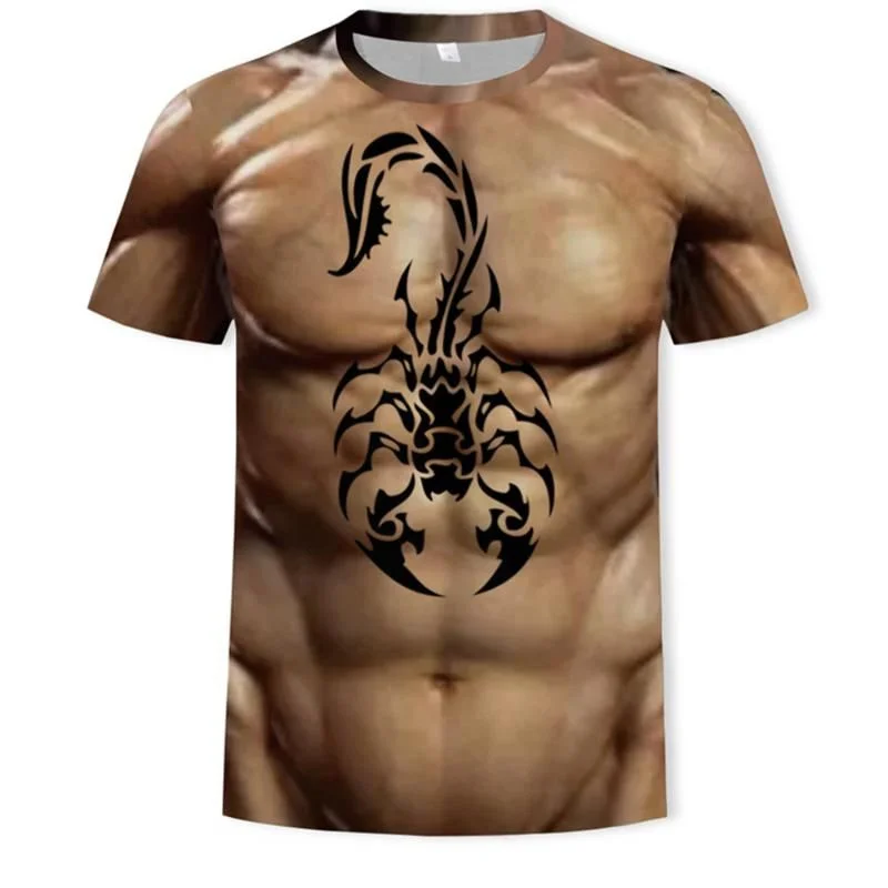 Erkekler 3D T Shirt vücut geliştirme simüle kas dövme T-Shirt rahat çıplak cilt göğüs Musclar Tee gömlek komik kısa kollu giysi