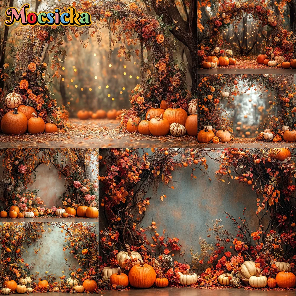 Mocsicka Photography Backdrop Autumn Pumpkin Maple Leaves Decoration Fall Portraits Photo Supplies Backgrounds For Photographs