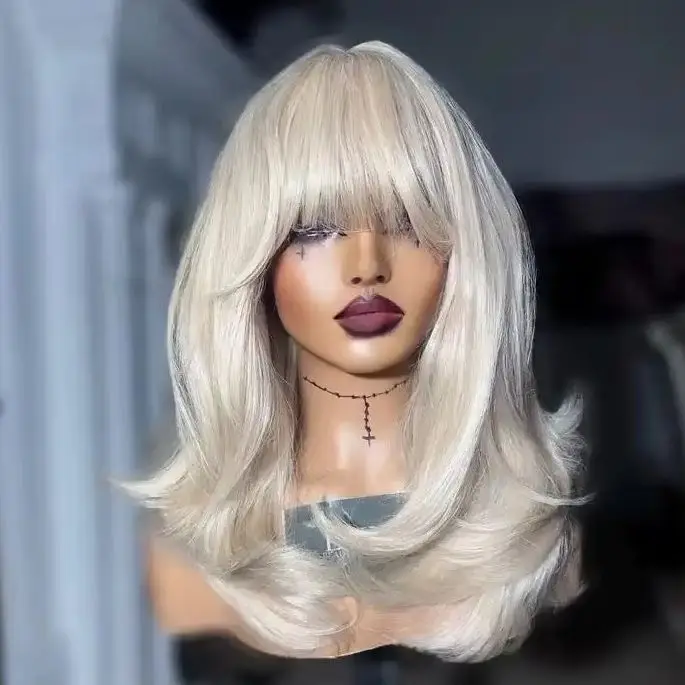 White Layered Straight Short Bob Lace Front Wig With Bangs 13x4 HD Pre Plucked Glueless Synthetic For Women Clearance Sale