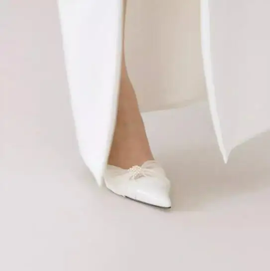 Beige White Pearl Strapped Mesh Bowtie Wedding Pumps Side Cutout Pointed Toe 5/ 7 cm High Heels Fashion Women Shoes