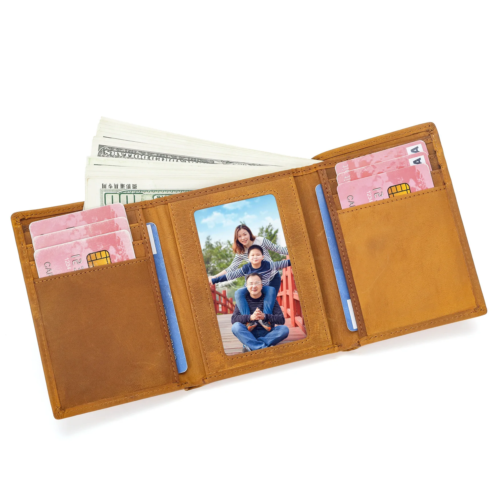 RE Men's Crazy Horse Leather Three Fold Wallet,Retro Top Layer Cowhide Wallet,Cowhide Wallet with Multiple Card Slots