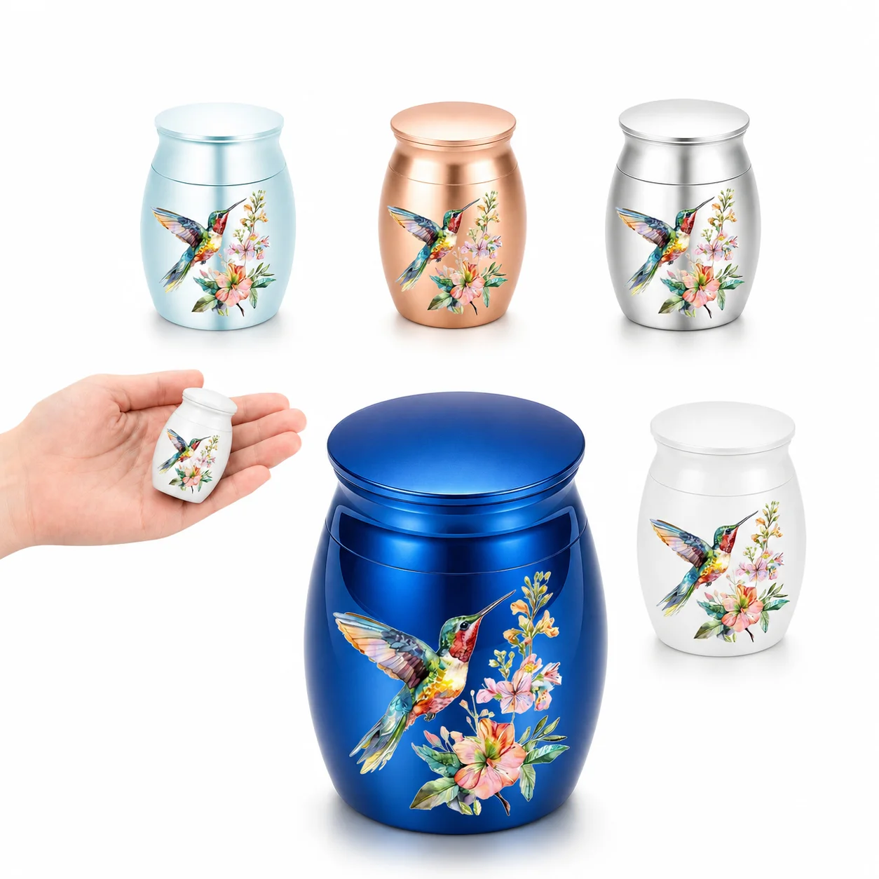L26 Mini Pet Cremation Urn Watercolor Hummingbird Floral Memorial Ashes Container Keepsake Jar for Dog Cat Hair Tooth Remembranc