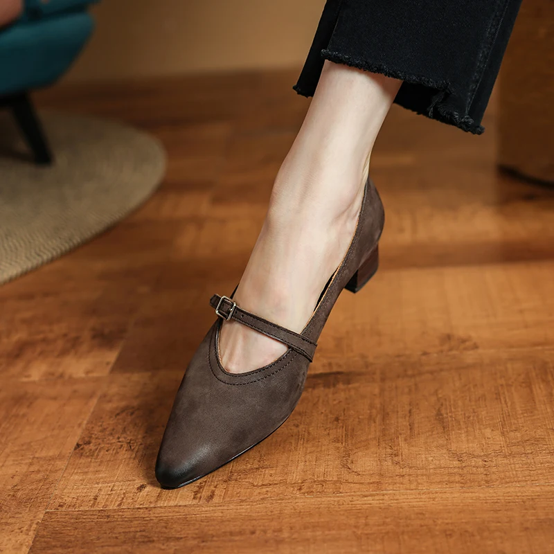 Women Pumps Cowhide Simple Shoes On Thick Heel French Style One Strap Simple Shoes Pointed Toe Lady Spring Autum Retro Pumps
