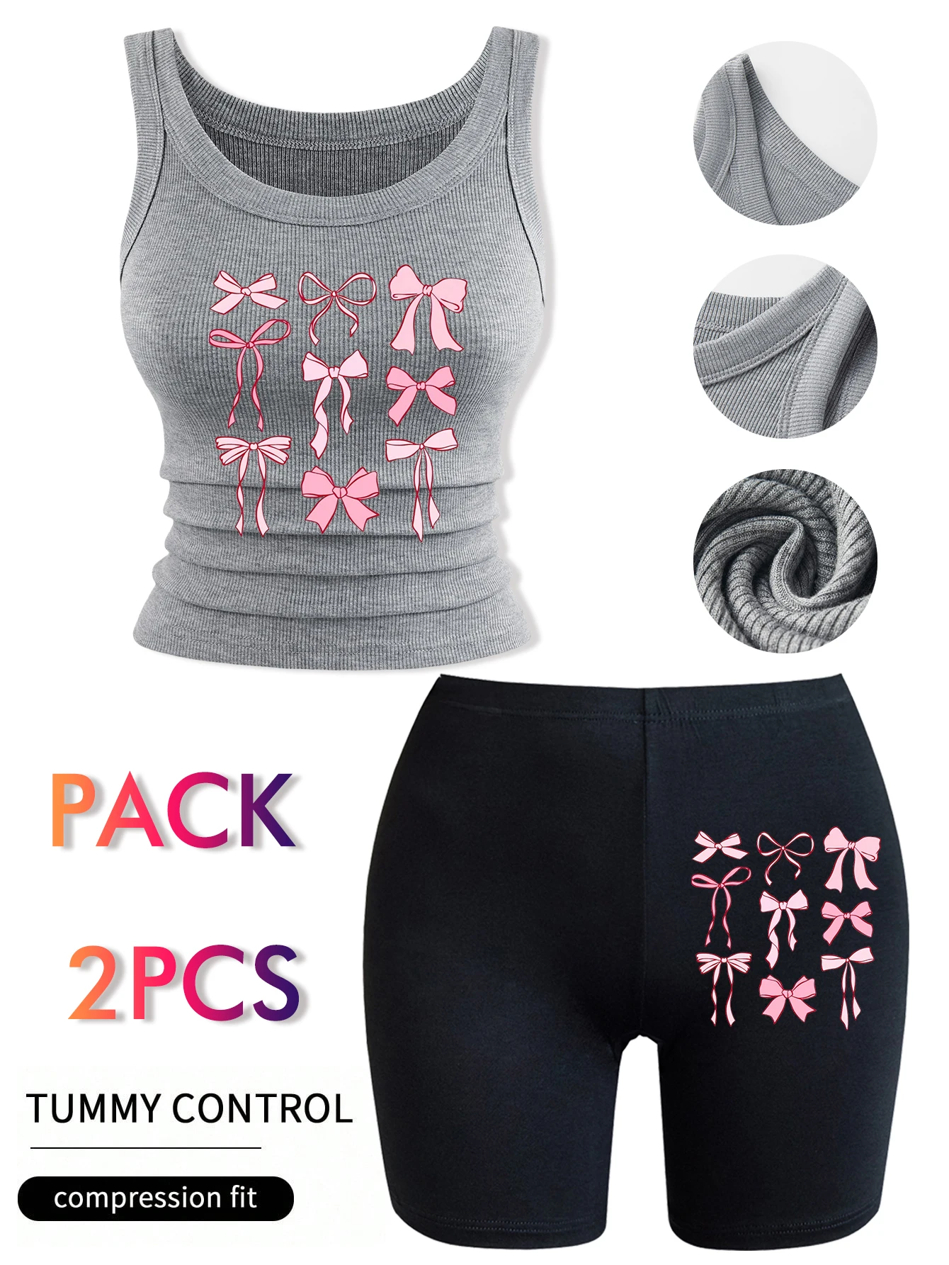 

Креативный комплект: укороченный топ-камизоль с принтом розового банта и хлопковые шорты-леггинсы с круглым вырезом для фитнеса и повседневной носки, летние, эластичные