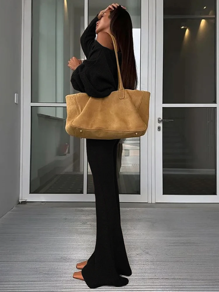 Nibber Comfortable Fleece 2-Piece Set Women Skew Collar Full Sleeve Crop Tops+Elastic Waist Flared Pants Fashion Simple Suits