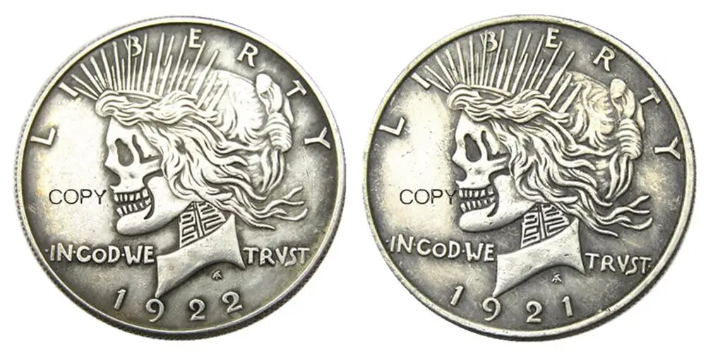 US Hobo Head-To-Head Two Face 1921/1922 Peace Dollar skull zombie skeleton Silver Plated Copy Coins