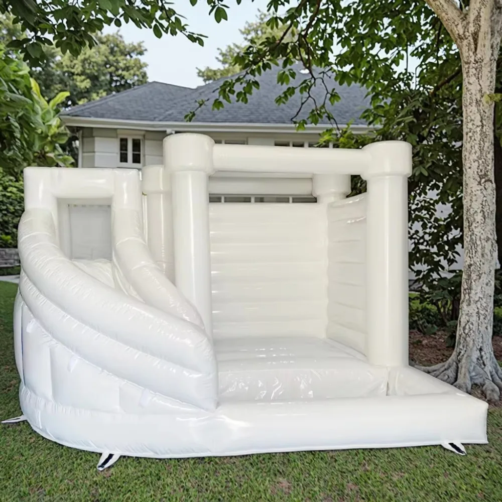 White High Quality PVC Inflatable Bouncy Castle with Slide, Easy Setup Outdoor Play for Kids Adults Backyard Party Use