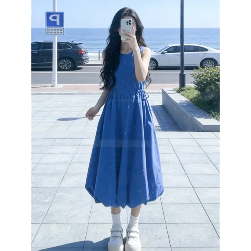 French Blue Sleeveless Vest Dress,  Summer Fashion Style, A High-end Seaside Vacation, Sweet Flower Bud Style Women's Long Dress