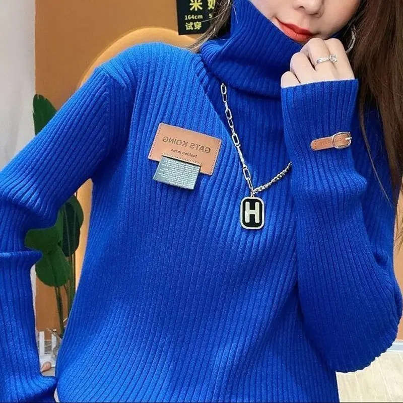 

Basic Solid Color Patch Designs Sweaters Autumn Winter Fashion Leather Button Female Clothing Slim Pile Collar Knitted Jumpers