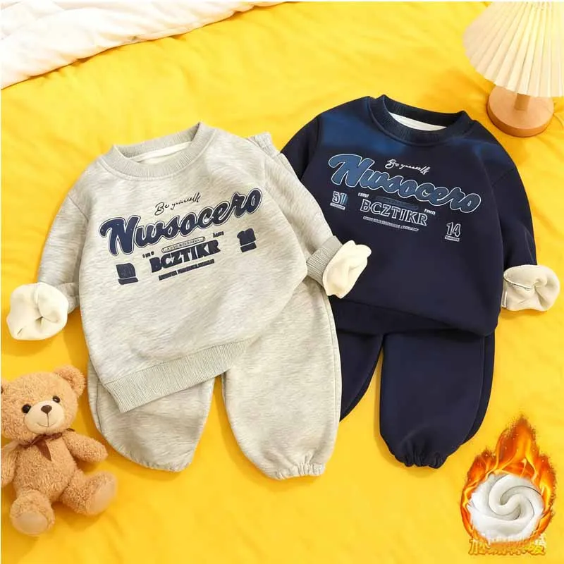 

Winter Thicken Sets Boys Fleece Casual Suit Girls Warm Sweatshirt Sweatpants 2Pcs Children's Fashion Outdits Autumn Kids Clothes