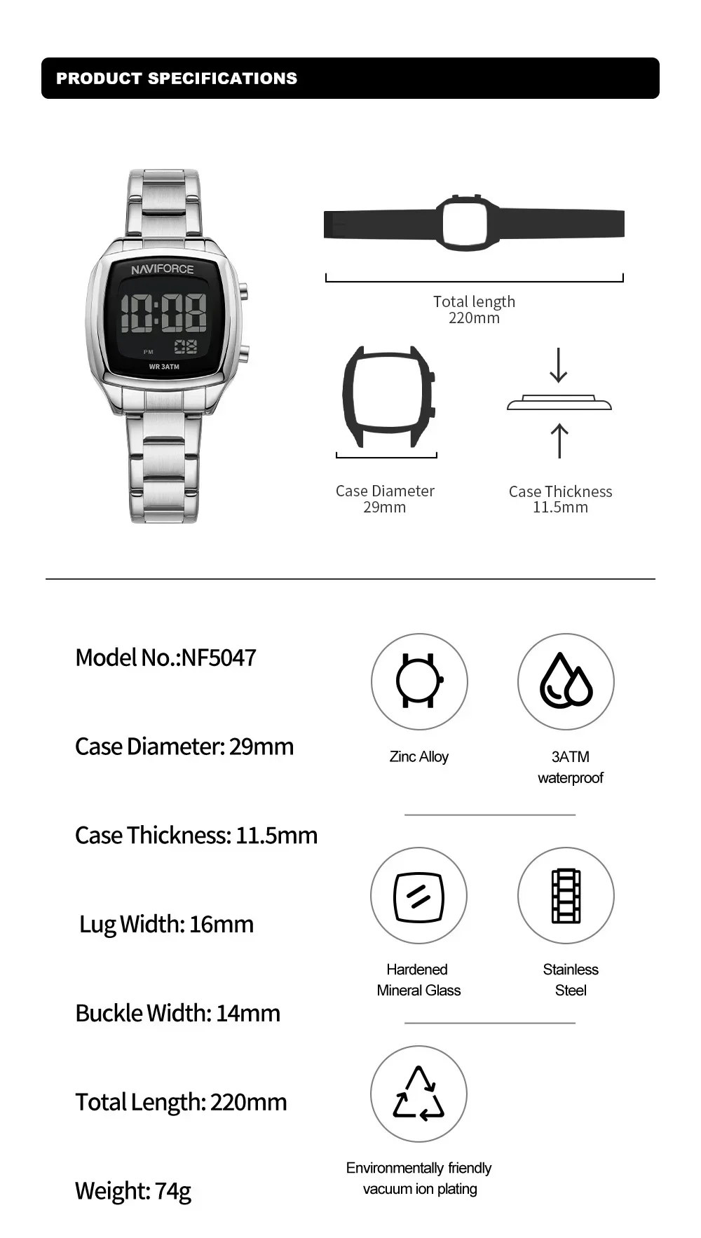 NAVIFORCE NF5047 damskie zegarki z cyfrowym wyświetlaczem ze stali nierdzewnej moda damska zegar cyfrowy Casual damski zegarek elektroniczny