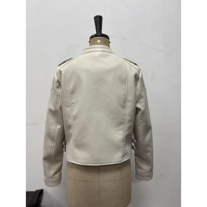 European and American Women's PU Leather Jacket for Export, Cross-border Diagonal Zipper Motor Storm , Round-neck Fitted Jacket.