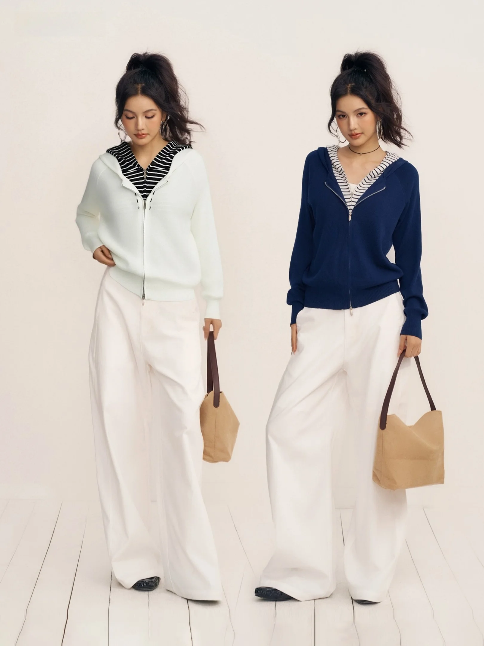 

Unique Casual Women's Knitted Cardigan Fake Two-Piece Long Sve Zipper Closure Nylon Blend Comfortable Fit Spring Autumn Wear