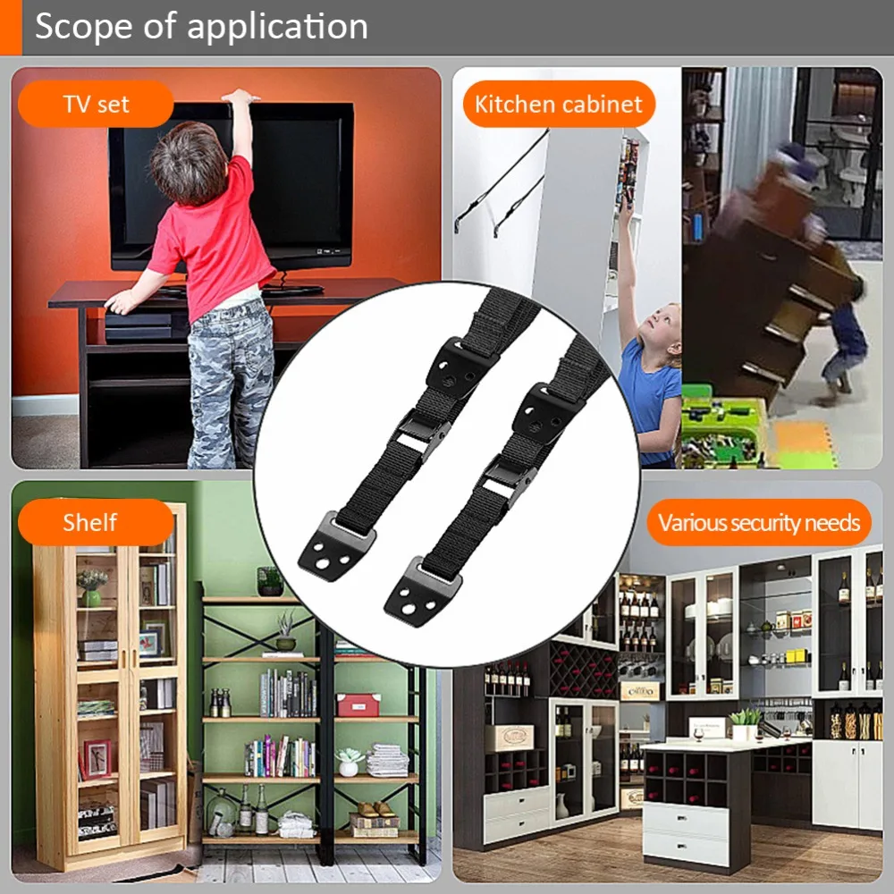 2Pcs Strong Nylon Furniture Anchors Black Seat belt maximum 95cm Heavy Duty Straps Anti Tip Straps Cabinet Securing
