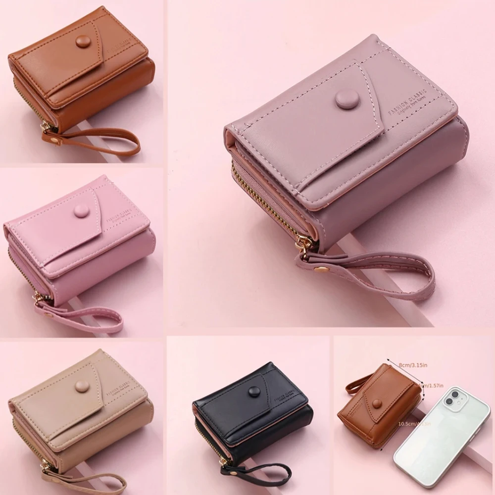 Four Seasons Women's Short Wallet Zipper Tower Buckle Zero Wallet Girl Student Handheld Bag Solid Color Simple Versatile Fashion