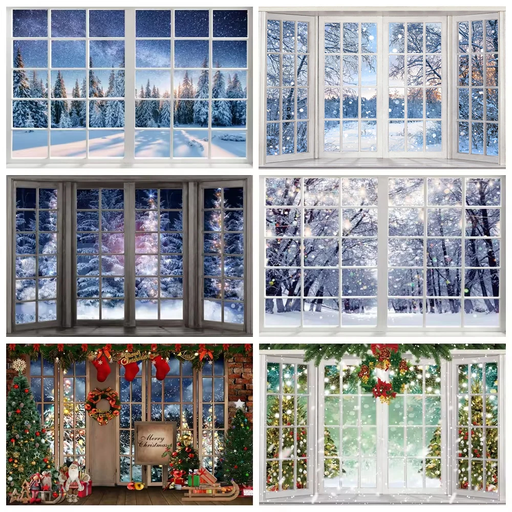 Winter Window Sill Snow Scene Christmas Photo Backdrop Winter Forest Baby Portrait Interior Photography Background Photo Studio