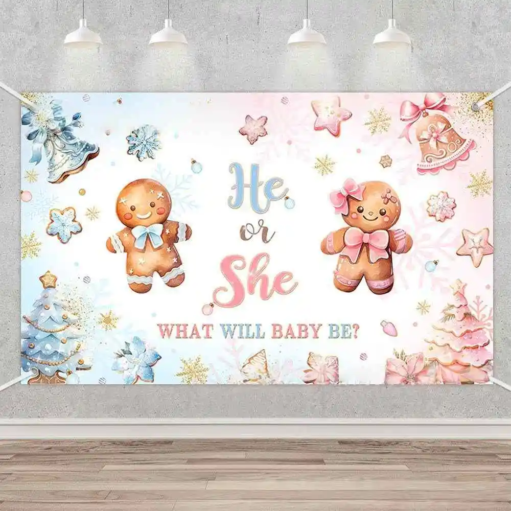 

He or She Cookies Vinyl Backdrop for Gender Reveal Party Decorations Banner Winter Snowflake Photography Studio Background Props