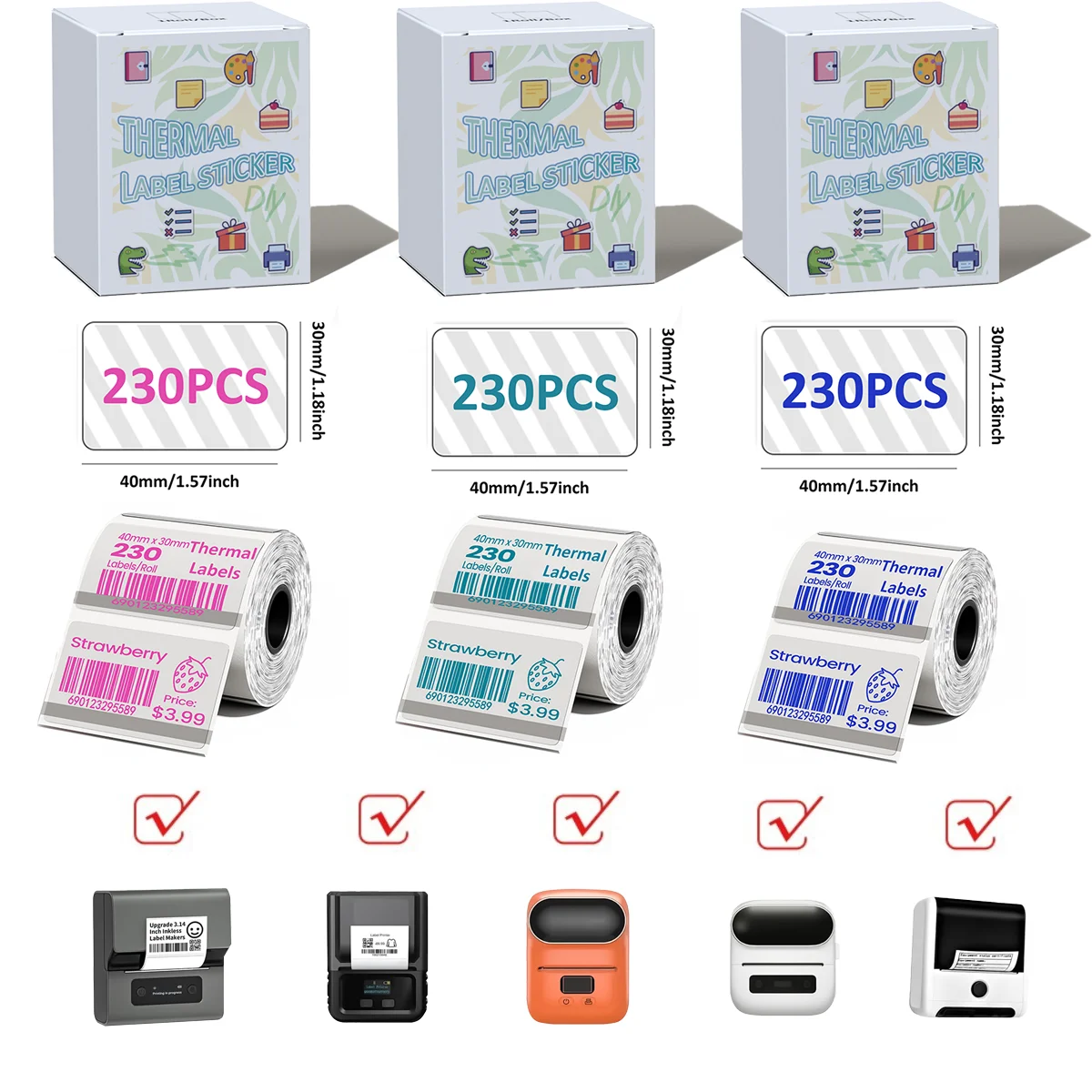 M110 Label Compatibel met M110/M120/M200/M205/M220/M221 Label Maker Printer, Cyaan/Blauw/Roze op Helder, 1.57 "x 1.18" (40x30mm) 230 stuks