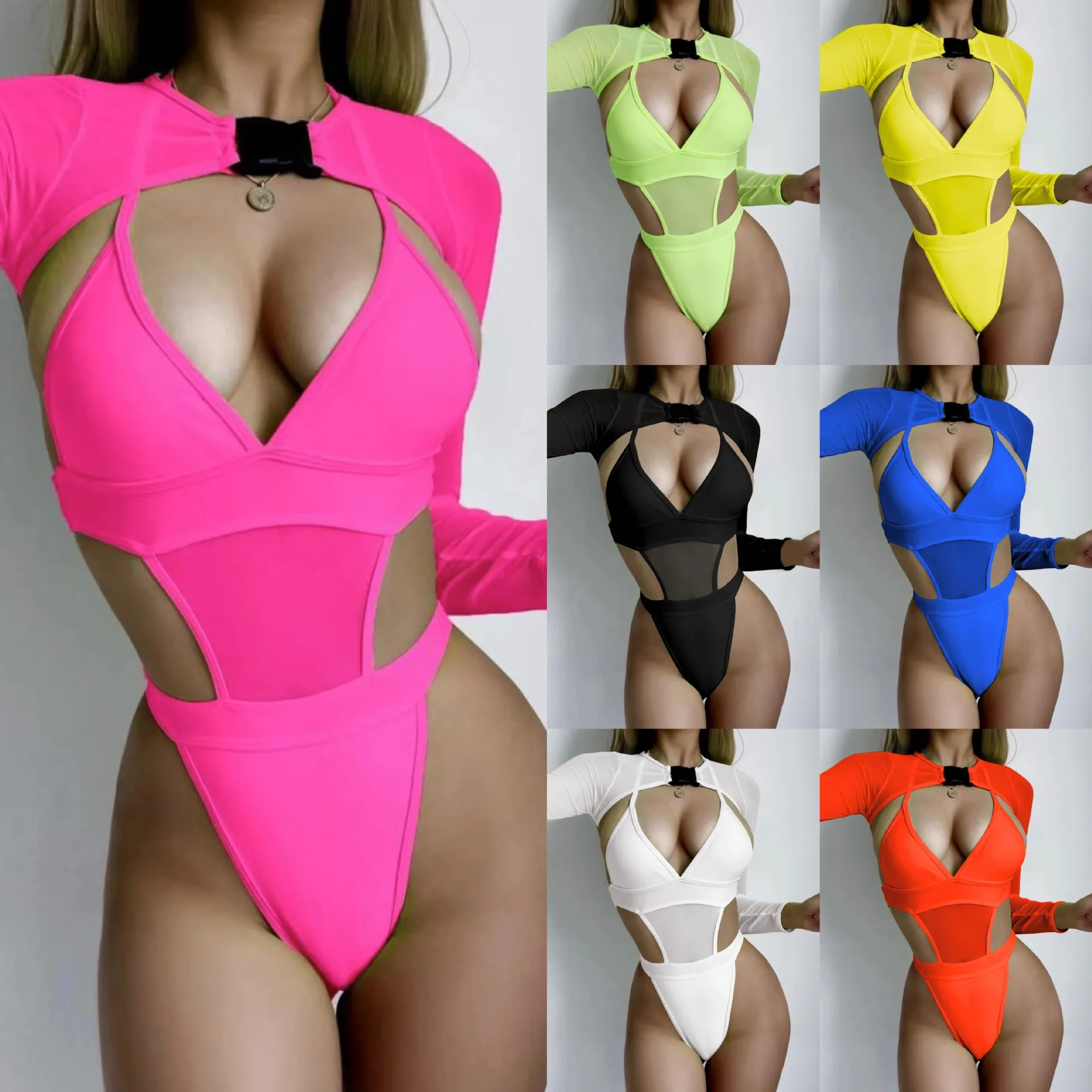 Rave Outfit for Women Festival Neon Bodysuit Mesh Buckle Shrug Gogo Dancer Costume Nightclub Pole Dance Set 2 Piece Bikini 2024