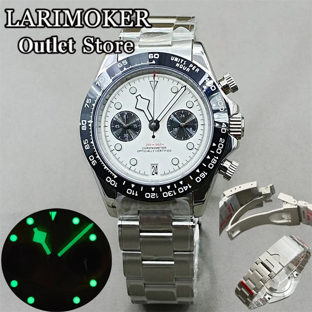 39mm Chronograph Quartz VK64 Quartz stainless steel Bracelet For Sapphire Glass Waterproof Dial Green Luminous Men Watch