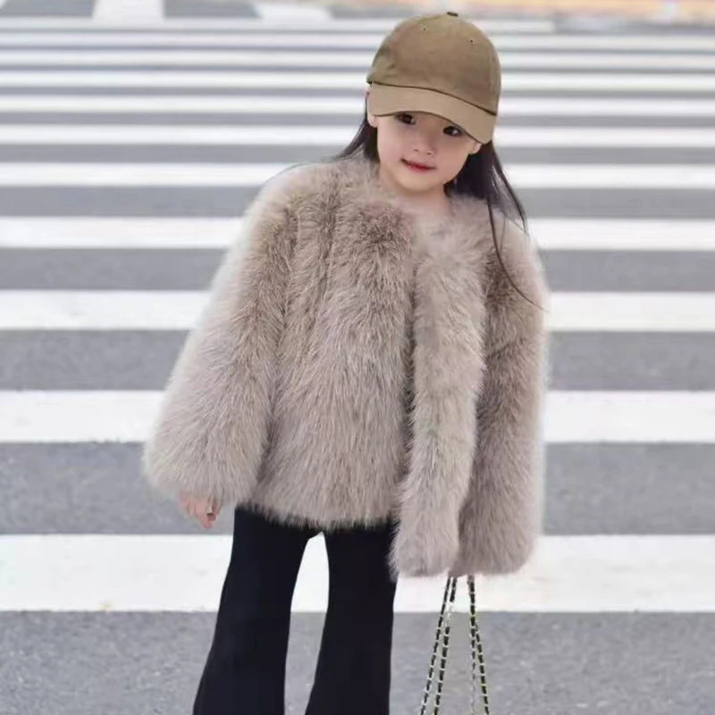 Elegant Winter Thickened Girls Faux Fox Fur Jacket Kids Cotton Coat Outerwear Korean Long Sleeve Warm Children Overcoat Clothing