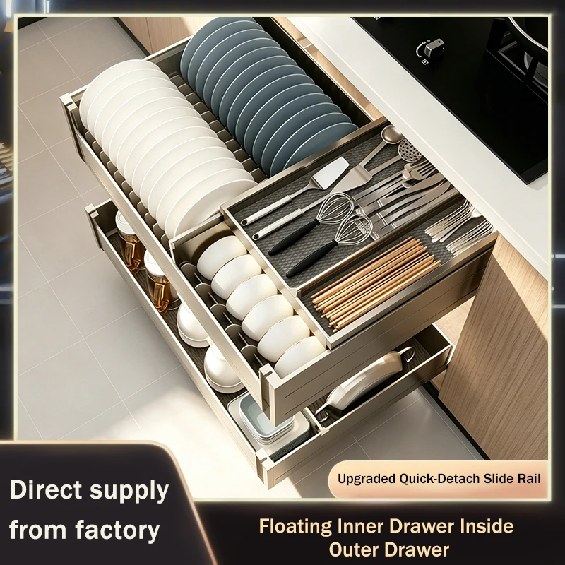 

Durable 304 Stainless Steel 3 Tier Independent Drawer Style Dish Rack With Pull Out Sliding Rails For Kitchen Cabinet Storage