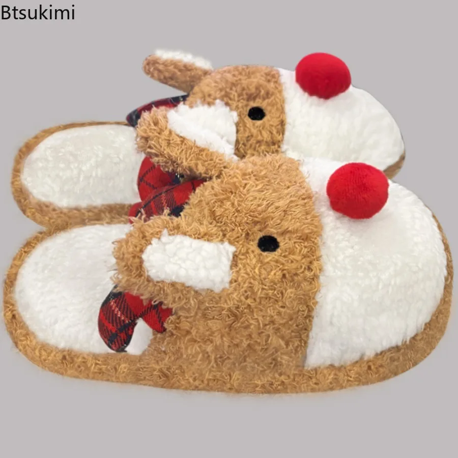New Winter Lamb Fleece Women's Slippers Home Cute Cartoon Cotton Slippers Christmas Deer Couple Non-Slip Casual Warm House Shoes view 2