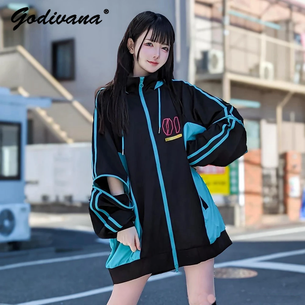 

Japanese Harajuku Style Personalized Sleeve Zipper Detached Mid-Length Stand Collar Sweatshirt Female Cool Hoodie Coat