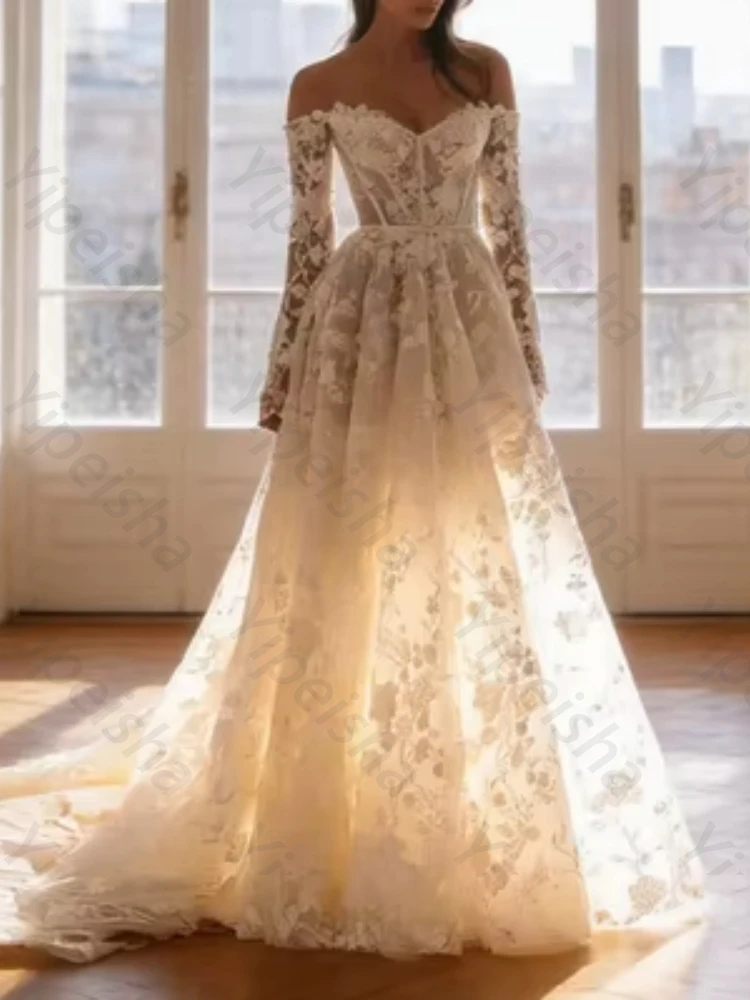 Customized Off Shoulder A-line Long Sleeves Wedding Dresses Sweetheart Charming Lace Decal Dress High Quality Prom Party Gowns