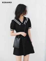 Preppy Style All-match Patchwork Sailor Collar Mini Dresses 2023 Summer Women's Puff Sleeve Y2K Harajuku Ulzzang A-Line Dress