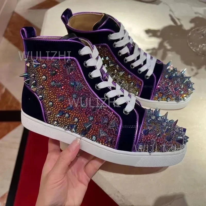 Dark Purple Crystal Rivet Men Sneakers Flat Lace-Up Red Sole Ankle Sports Bling Suede Running Loafers Summer Couple Tennis Shoes view 5