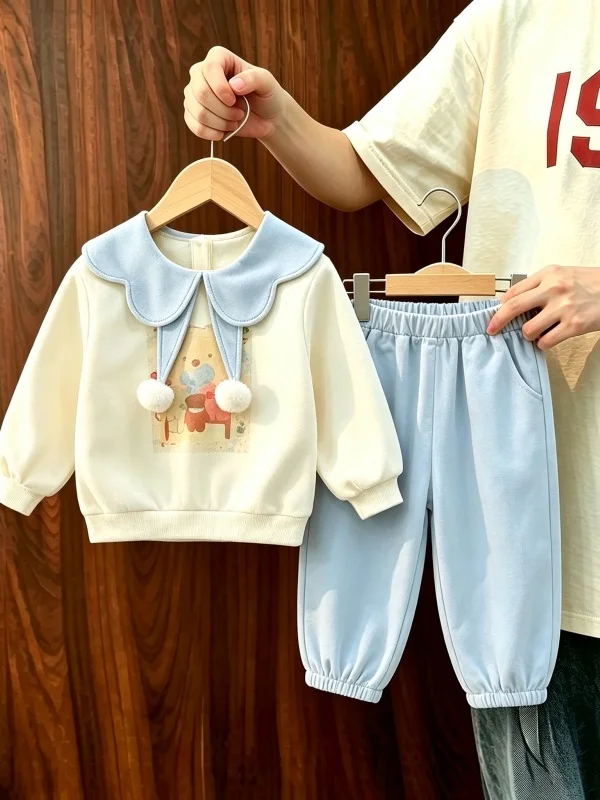 Girls Sports Outfit Spring Autumn Style 2026 New College Wind Turn-down Collar Bear Sweatshirt Pants Two-piece Set for Teens