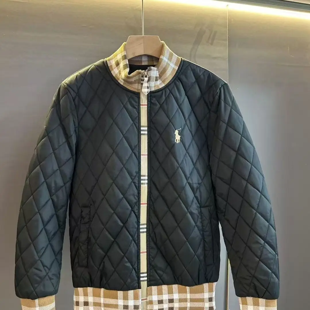 

2025 winter 2024 autumn and winter new men's fashion ribbed cotton clothes plaid splicing jacket jacket cotton clothes slim fit