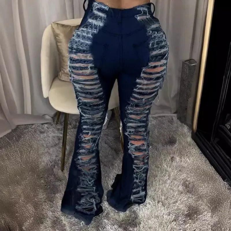 Fashion Indie Style Oversize Sexy Tassels Denim Flared Pants Night Club Women Ripped Jeans Blue Black Hollow Out Trousers 3XL