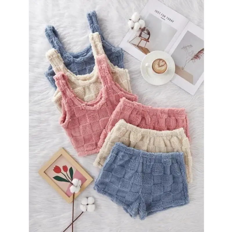 

Women's Color Plaid Furry ter Vest New Cross-Border Model Comfortable Casual Sportswear Seven-Quarter Sve