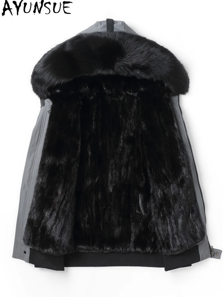 AYUNSUE คุณภาพสูงขนสัตว์ Parkas ผู้ชายฤดูหนาวที่ถอดออกได้ Mink Fur Liner Jacket สําหรับชายสั้นเสื้อขนสัตว์เกาหลี Hood Fox Collar